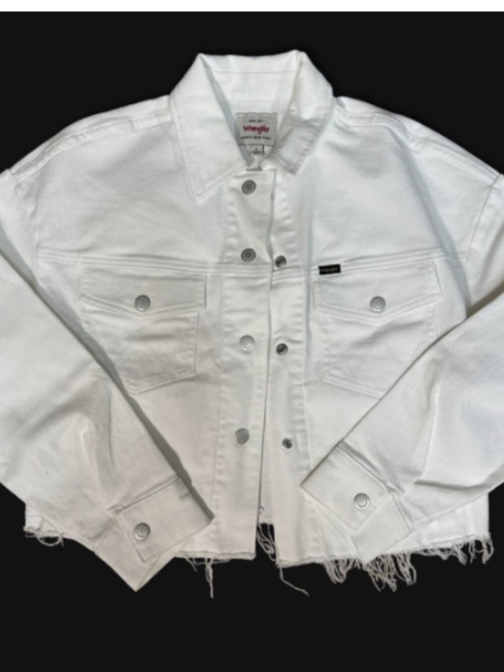 Wrangler White Cropped Stretch Denim Jean Jacket Frayed Hem NEVER WORN